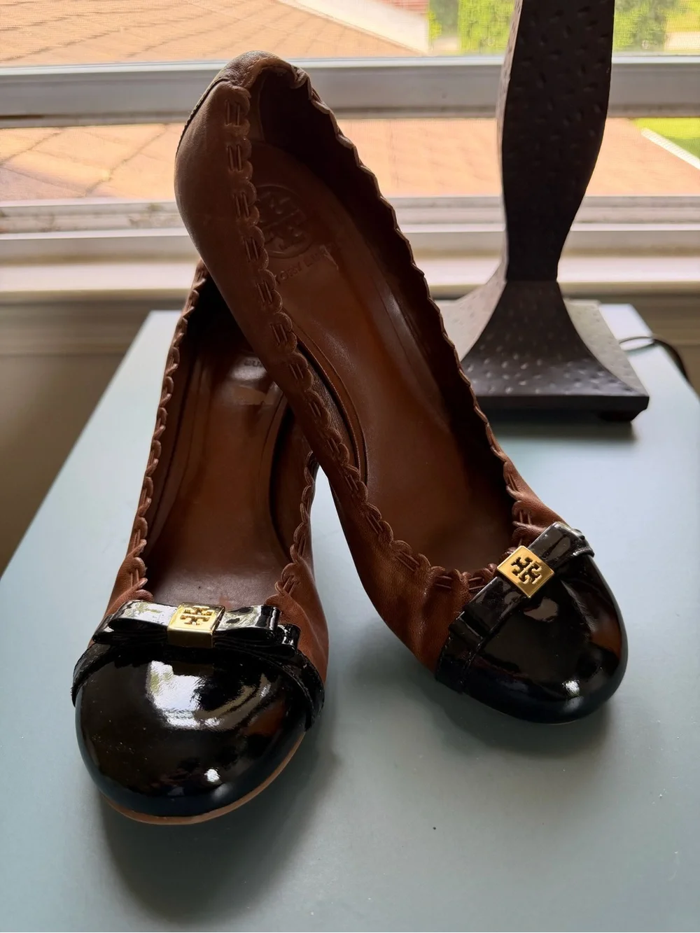 Tory Burch Brown Leather Heels with Black Patent Cap Toe